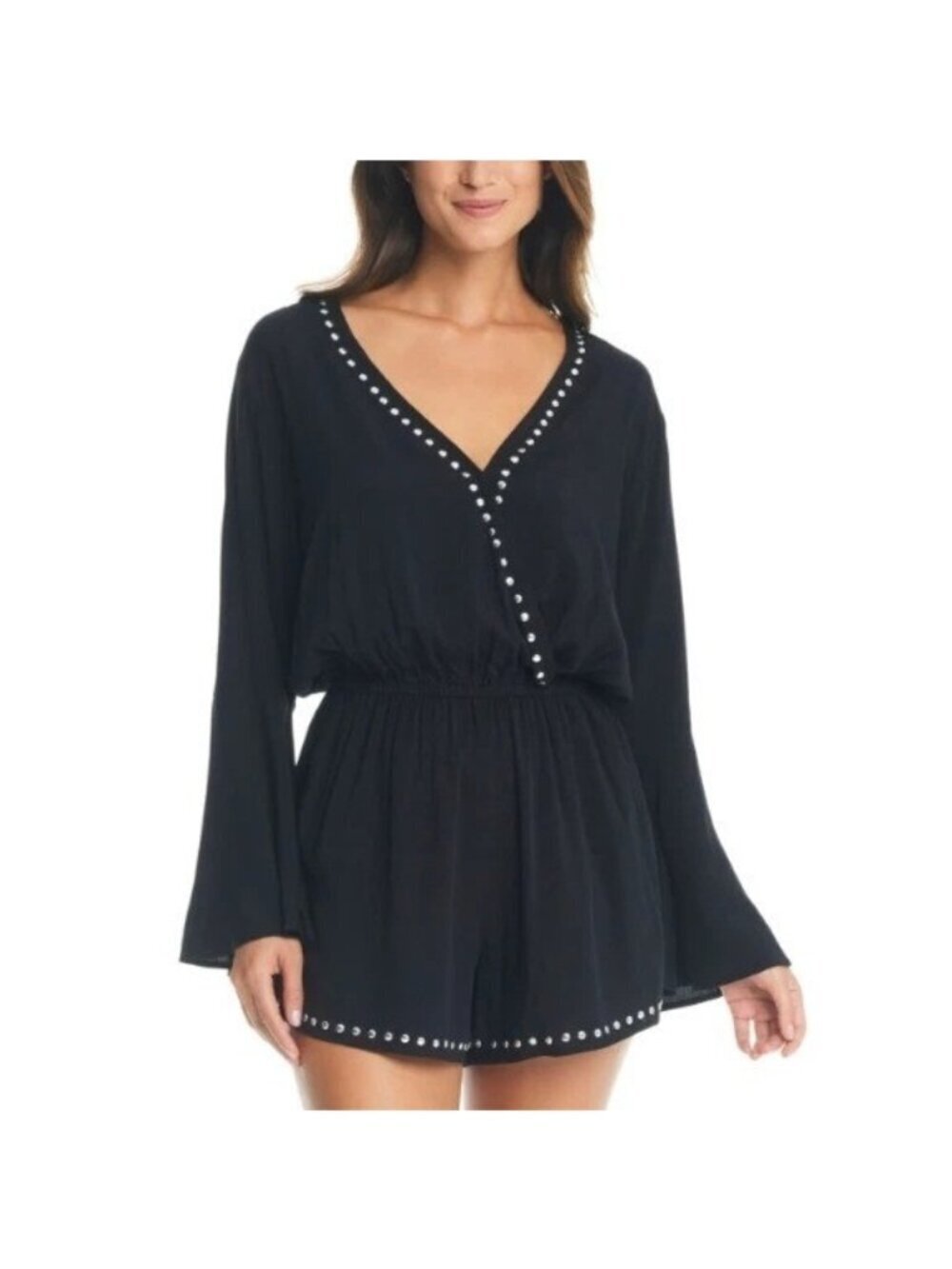 Bar III Women's S Black Bell-Sleeve Studded Romper Rayon New With Tags e1395